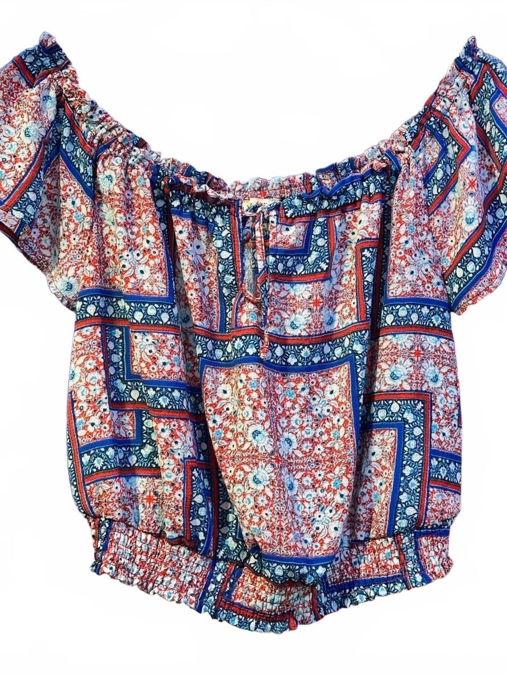 Lily White Women's Off-Shoulder Blouse Medium Boho Floral Elastic Hem Top